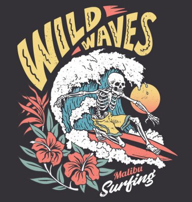 Sticker Vintage graphic of a surfing skeleton with hibiscus flowers