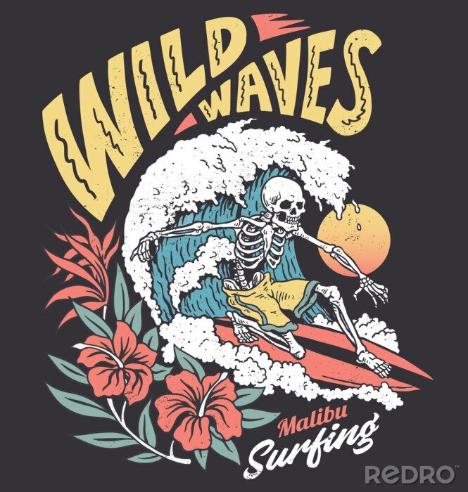 Sticker Vintage graphic of a surfing skeleton with hibiscus flowers