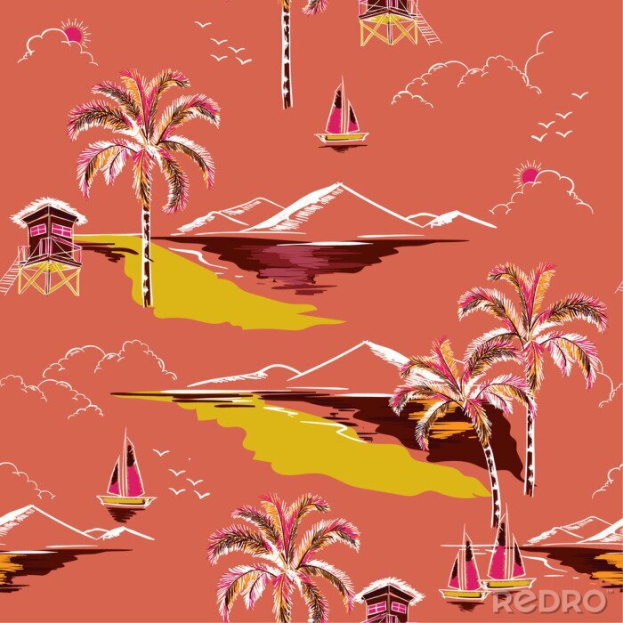 Sticker Vintage mooie naadloze eiland patroon vector. Landschap met palmbomen, strand en oceaanvector
