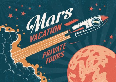 Sticker Vintage poster - raket vliegt naar de planeet Mars. Versleten textuur op een afzonderlijke laag.