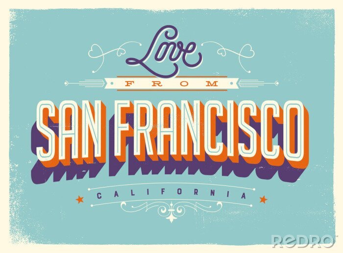 Sticker Vintage stijl Toeristische wenskaart met textuur effecten - Liefs van San Francisco, Californië - Vector EPS10.