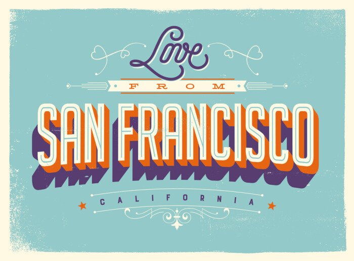 Sticker Vintage stijl Toeristische wenskaart met textuur effecten - Liefs van San Francisco, Californië - Vector EPS10.