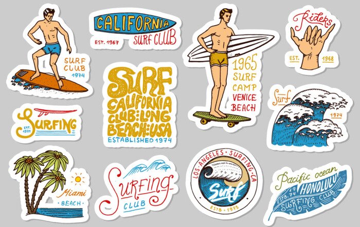 Sticker Vintage surfer-insignes. Tropische stickers en Californië. Golf, palmboom en oceaan. Man op de surfplank, zomer strand en zee. Gegraveerde embleemhand getrokken. Banner of poster. Sport in Hawaii.