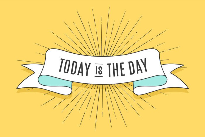 Sticker Vintage trendy lint met tekst Vandaag is de dag en lineaire tekening van zonnestralen. Kleurrijke oude banner met lint, handgetekende element voor ontwerp - banners, posters, cadeaubonnen. Vector illu