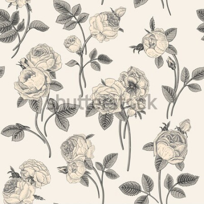 Sticker Vintage vector seamless pattern with bouquets of flowers blooming garden Victorian roses. Gray white flowers with gray leaves on a light gray background. Classic.