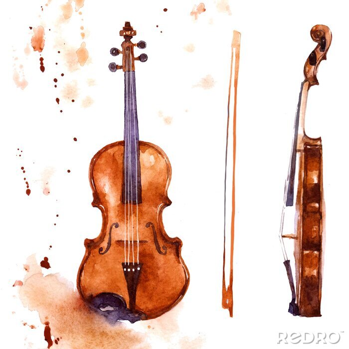 Sticker Violine. Music instrument watercolor illustration on white background
