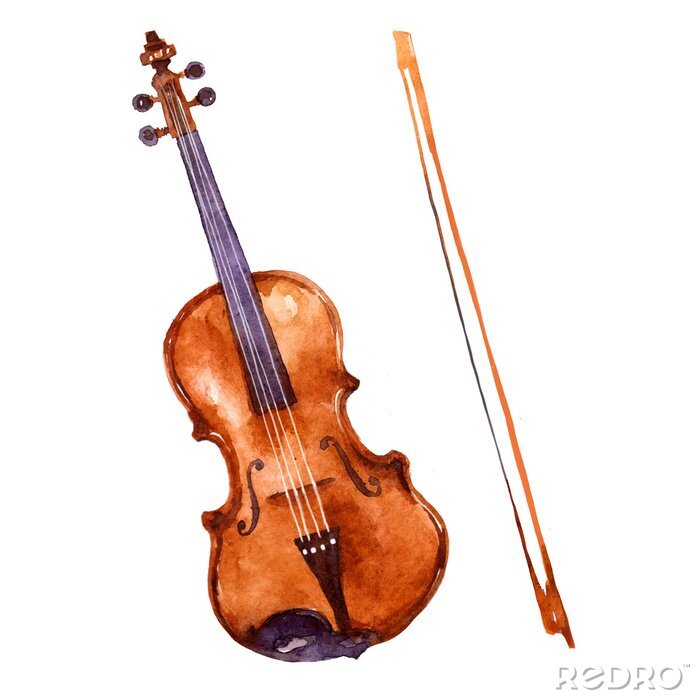 Sticker Violine. Music instrument watercolor illustration on white background