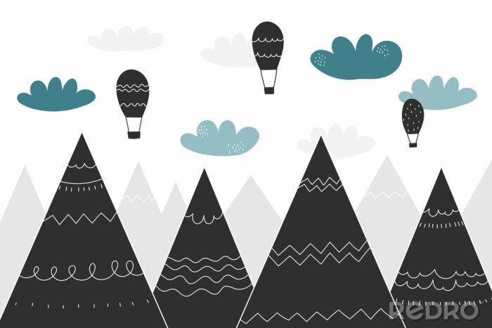 Sticker Vliegende ballonnen boven de bergen in Scandinavische stijl