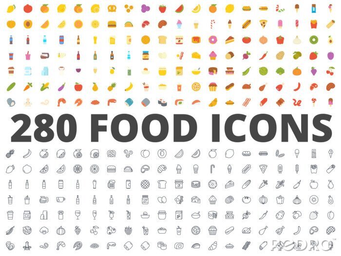 Sticker Voedsel platte lijn pictogram vector pack