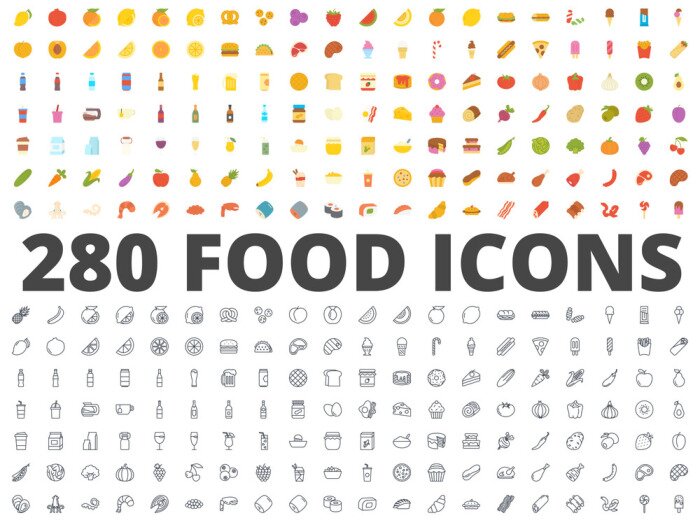 Sticker Voedsel platte lijn pictogram vector pack