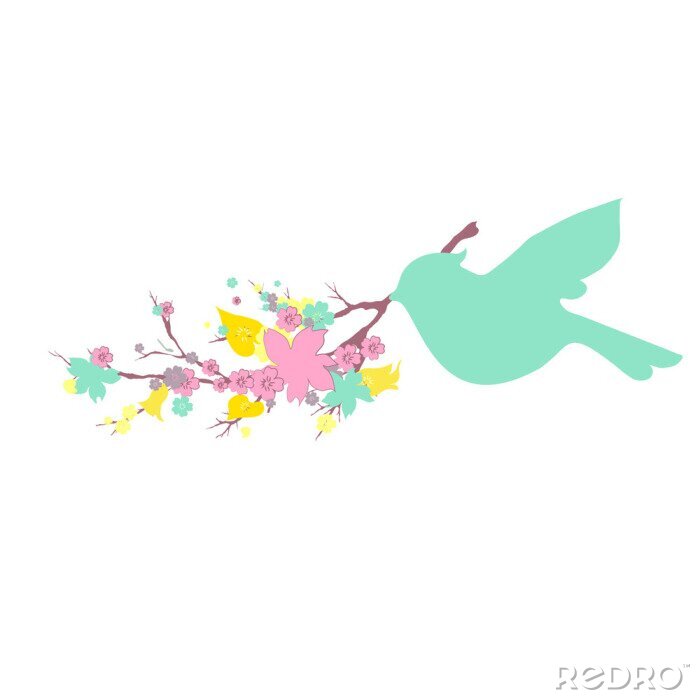 Sticker Vogel met bloemen in zijn snavel