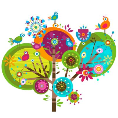 Sticker Vogels op een abstracte grafische regenboogboom