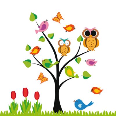 Sticker Vogels zittend op een boom veelkleurige illustratie