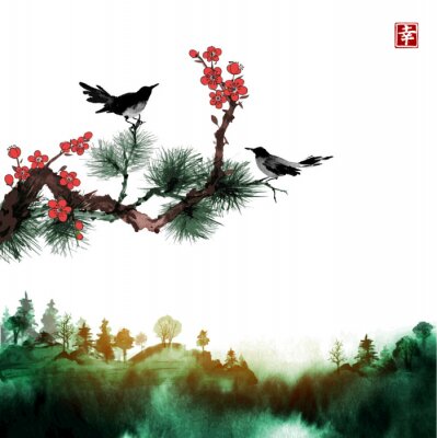 Sticker Vogeltje, denneboom en sakura takken en groene bosbomen in mist. Traditionele oosterse inkt schilderij sumi-e, u-zonde, go-hua. Bevat hiëroglief - geluk.