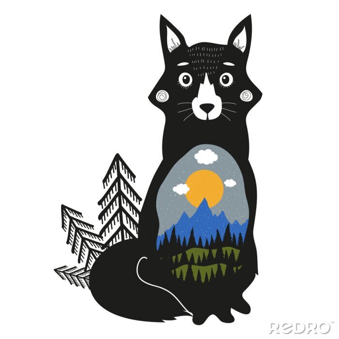 Sticker vos, blauwe bergen, zwart dennenbos, groene heuvels, wolken, zon en sneeuw.
