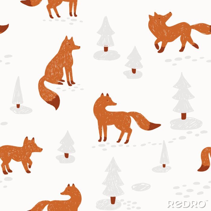 Sticker Vossen en besneeuwde kerstbomen op roze achtergrond