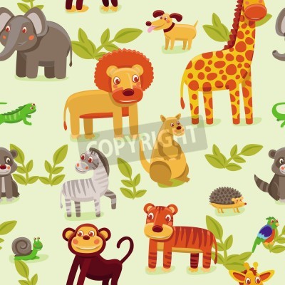 Sticker Vriendelijke dieren op een groene plantaardige achtergrond