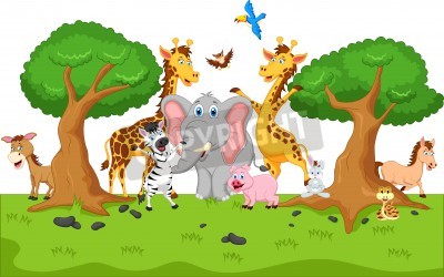 Sticker Vrolijke dieren op het gras tussen de bomen