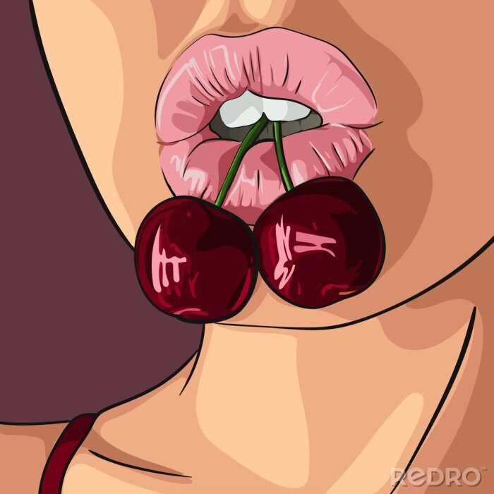 Sticker Vrouw met mooie lippen bijten cherry. vector illustratie
