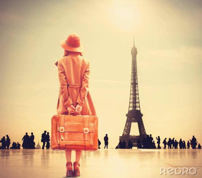 Sticker Vrouw op de achtergrond van de Eiffeltoren
