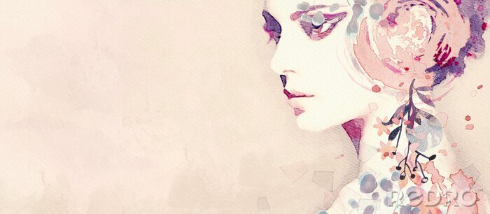 Sticker Watercolor abstract portrait of girl. Fashion background.