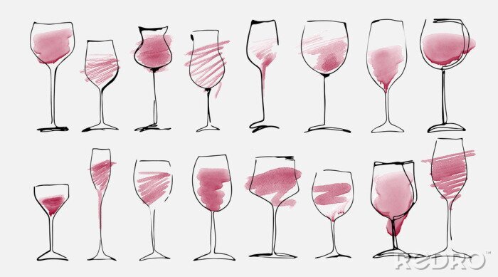 Sticker Watercolor and hand drawn sketch of wine glasses set with red wine. Wine glass collection isolated on white, art design.