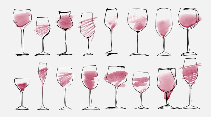 Sticker Watercolor and hand drawn sketch of wine glasses set with red wine. Wine glass collection isolated on white, art design.