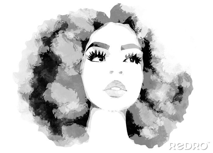 Sticker Watercolor art painting of Black woman. hair care. African american girl with afro hair, illustration