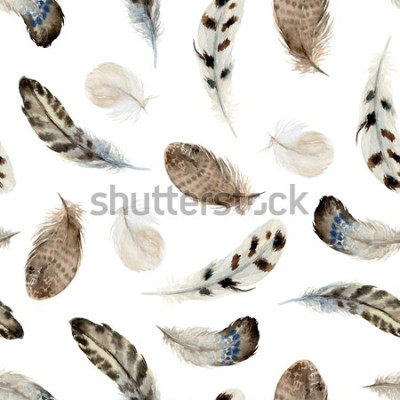 Sticker Watercolor boho seamless pattern of feathers on white background. Native american decor, print element, tribal bohemian navajo, Indian, Peru, Aztec wrapping.