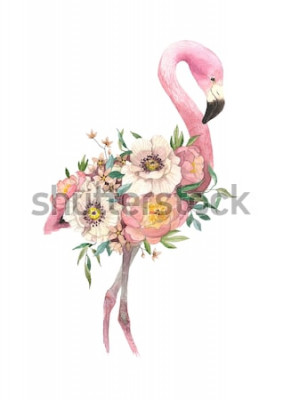 Sticker Watercolor bouquet with tropical bird, eucaliptus, peony and anemone, flamingo. High detailed hand drawing illustration