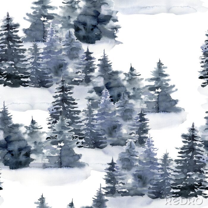 Sticker Watercolor Christmas seamless pattern with winter forest. Hand painted foggy fir trees and snow illustration isolated on white background. Holiday illustration for design, print, fabric or background.