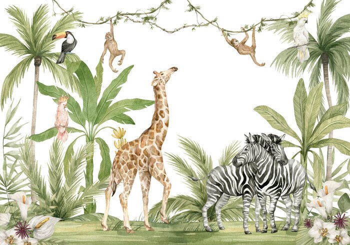 Sticker Watercolor composition with African animals and natural elements. Giraffe, monkeys, zebras, palm trees, flowers. Safari wild creatures. Jungle, tropical illustration for nursery wallpaper