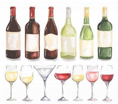 Sticker Watercolor flessen wijn en glazen in te stellen. Mooie flessen en glazen voor decoratie menu in het restaurant of cafe. Alcoholische drank.