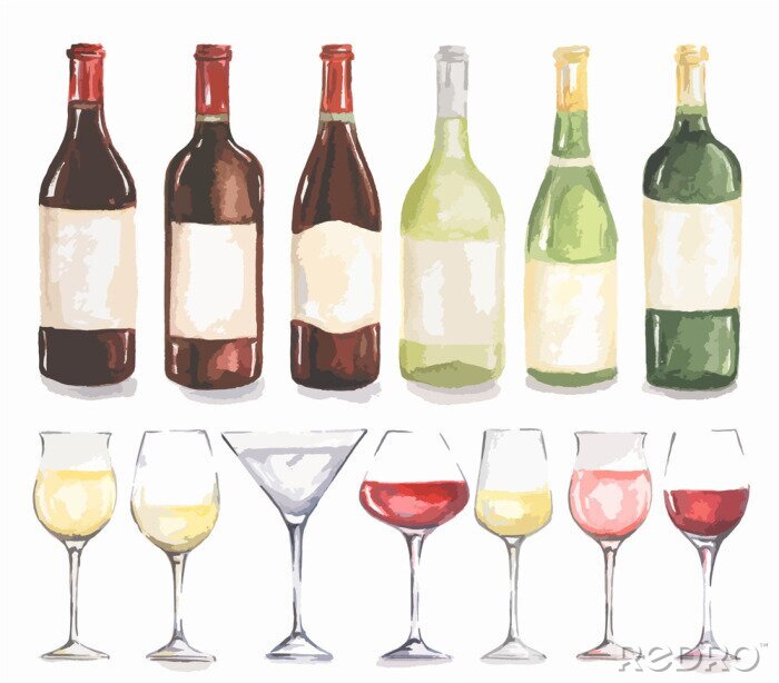 Sticker Watercolor flessen wijn en glazen in te stellen. Mooie flessen en glazen voor decoratie menu in het restaurant of cafe. Alcoholische drank.