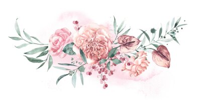 Sticker Watercolor floral arrangement tropical flowers anthurium and garden roses of delicate peach shades.