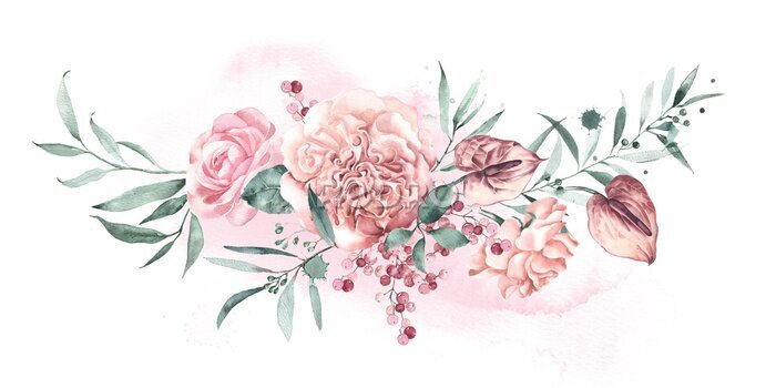Sticker Watercolor floral arrangement tropical flowers anthurium and garden roses of delicate peach shades.