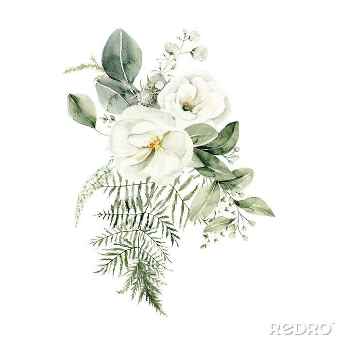 Sticker Watercolor floral composition. Hand painted white flowers, forest leaves of fern, eucalyptus. Bouquet isolated on white background. Botanical illustration for design, print or background