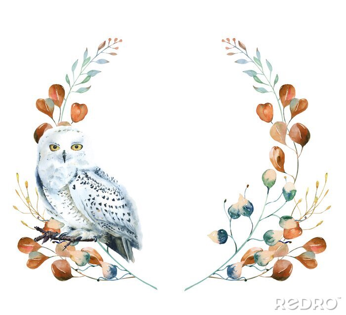 Sticker Watercolor floral wreath with polar owl  and  leaves. Hand painted christmas frame with bird and leaves of silver dollar eucalyptus isolated on white background. 
