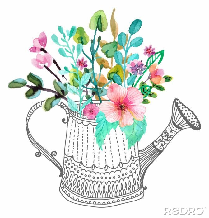Sticker Watercolor flowers and doodle watering can