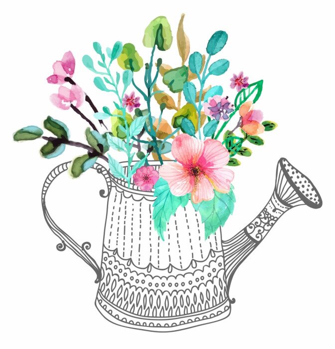 Sticker Watercolor flowers and doodle watering can
