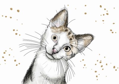 Sticker Watercolor hand drawn illustration: cute kitten with big eyes and a curious attitude
