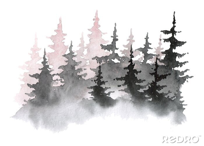 Sticker Watercolor hand drawn illustration with Forest. silhouette of a pine forest. Forest background for calligraphic inscription.