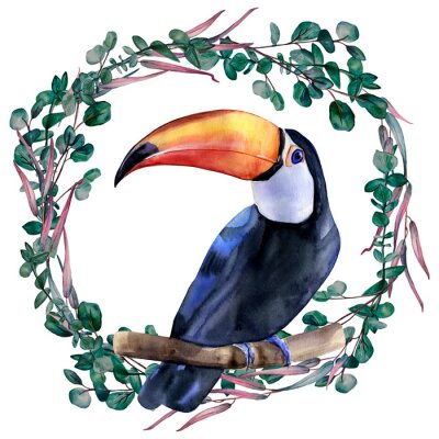 Sticker Watercolor hand painted colorful realistic illustration of toucan bird sitting on a branch inside eucalyptus wreath.