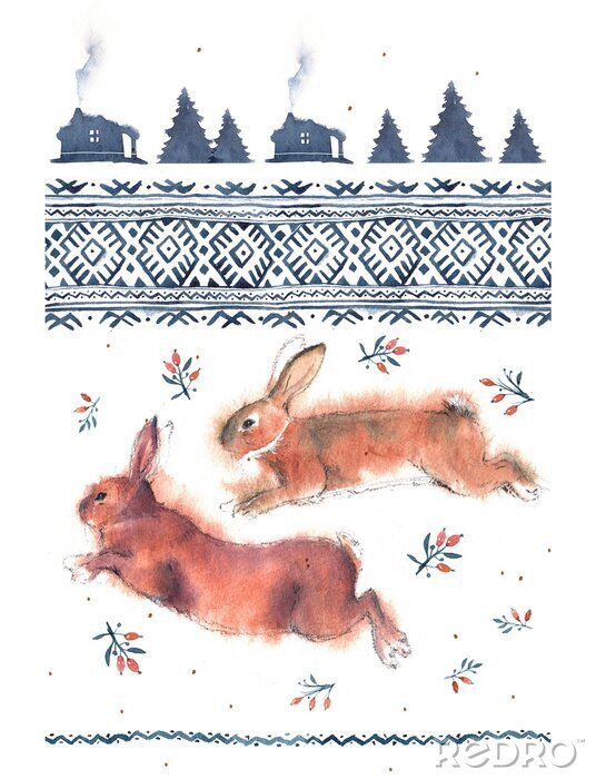 Sticker Watercolor illustration of running and playing rabbits and national ornament in blue tones on a white background