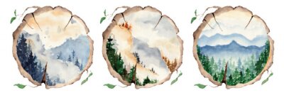 Sticker watercolor landscape with pine and fir trees and mountains abstract nature background