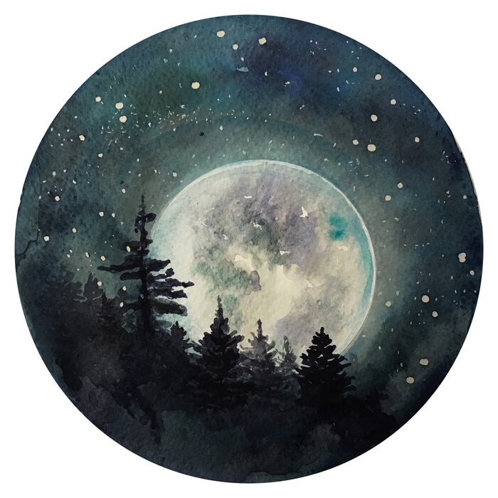 Sticker Watercolor Moon at starry night, galaxy with stars, space and astrology universe illustration.