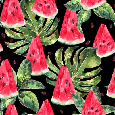 Watercolor naadloze patroon met plakken van watermeloen