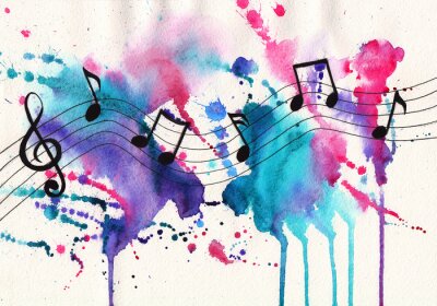Sticker Watercolor notities. Muziek symbolen op abstracte aquarel gestructureerde achtergrond
