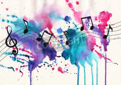 Sticker Watercolor notities. Muziek symbolen op abstracte aquarel gestructureerde achtergrond