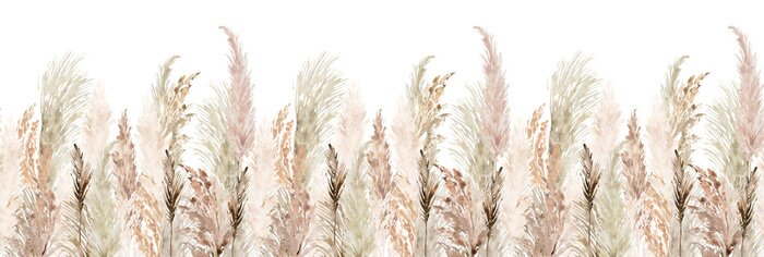 Sticker Watercolor pampas grass seamless border. Boho dried grass and leaves neutral colors bouquet. Botanical nature design isolated on white. Bohemian style wedding invitation, greeting, card, postcard